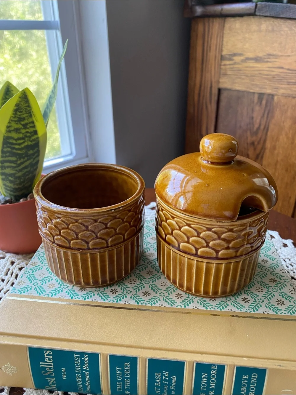 Vintage Japan Brown Glazed Ceramic Sugar Set